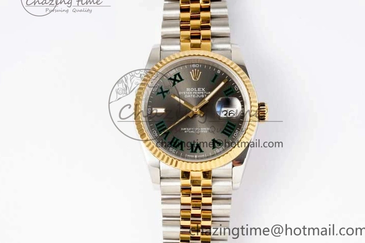 DIWF 904L SA3235 1:1 YG DateJust on Steel Bracelet Jubilee 36mm Best SS Markers Gray Dial Edition Green 0404